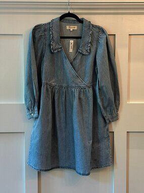 NWT Madewell Babydoll Mini Denim Puff Sleeve Faux Wrap Dress with Ruffle Collar